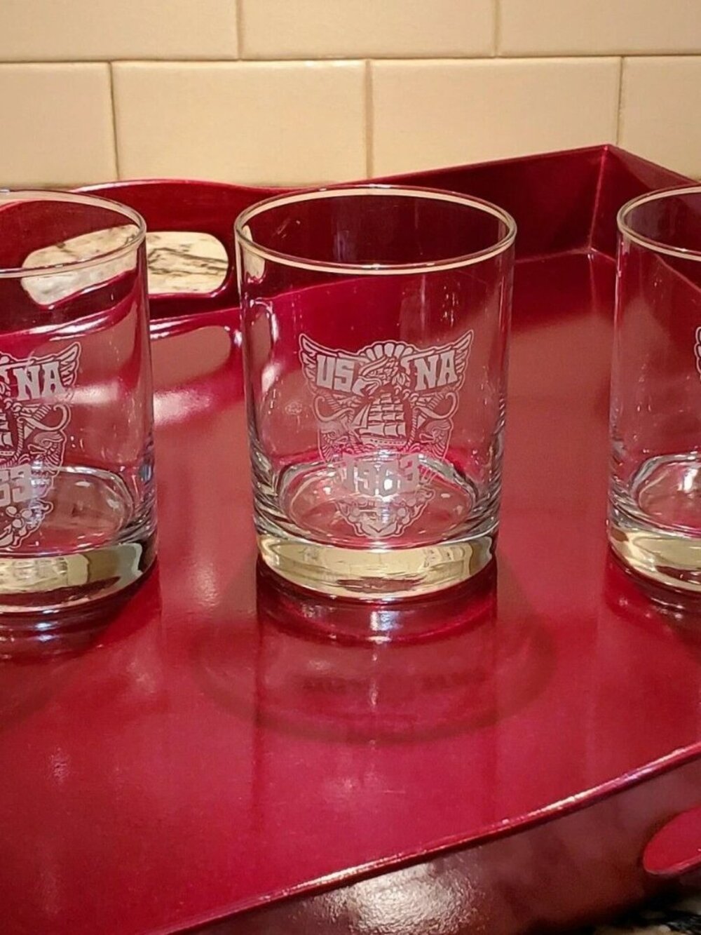 3 US Navy Glasses Naval Academy Tumblers Etched Eagle Boat Anchor Vintage 1963